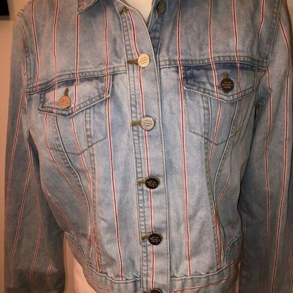 For The Republic Jean Jacket Large L Womens Red Pin Stripe Blue Denim Button Up - Picture 8 of 9